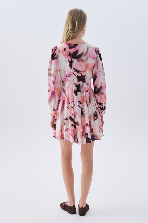 DESENLİ V YAKA MİNİ ELBİSE