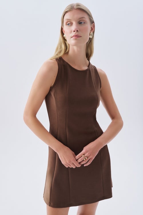 DİKİŞ DETAYLI KOLSUZ A FORM MİNİ ELBİSE