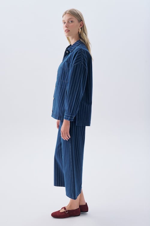 ÇİZGİLİ OVERSIZE DÜĞMELİ JEAN GÖMLEK