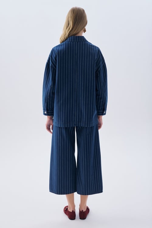 ÇİZGİLİ OVERSIZE DÜĞMELİ JEAN GÖMLEK