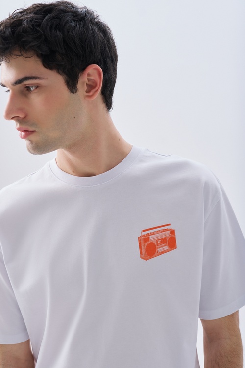 OVERSIZE BASKILI BİSİKLET YAKA T-SHIRT