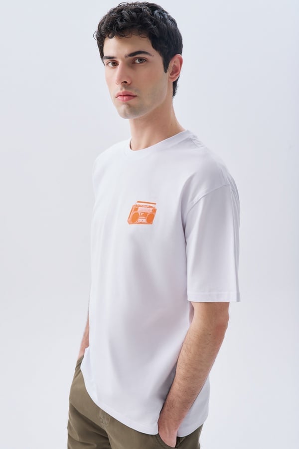 OVERSIZE BASKILI BİSİKLET YAKA T-SHIRT