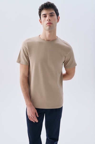 Mudo Erkek Bej Rengi Bisiklet Yaka T-Shirt