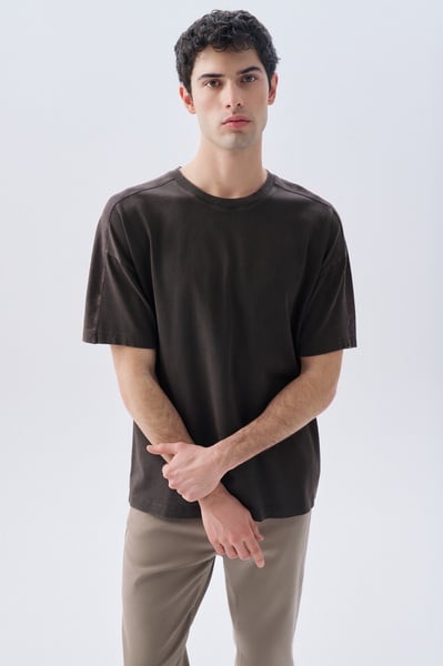 Mudo Erkek Kahverengi Oversize Bisiklet Yaka T-Shirt