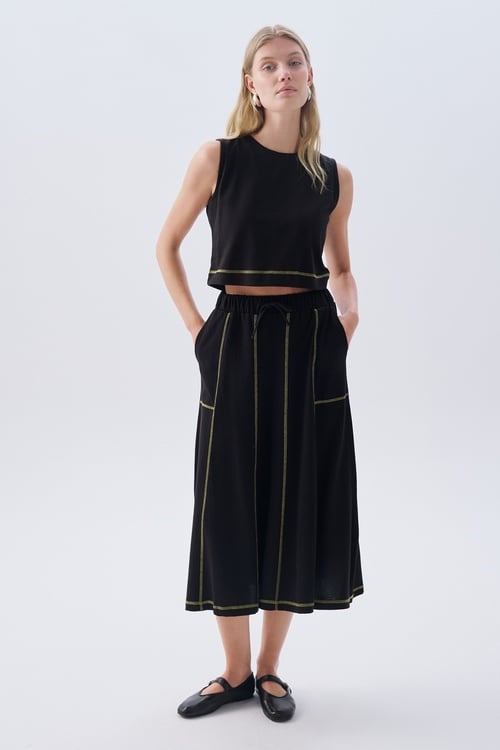 DİKİŞ DETAYLI CEPLİ BELİ BAĞLAMALI MİDİ ETEK