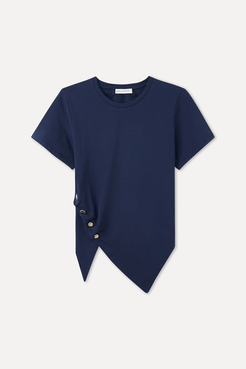 ASİMETRİK KESİM DÜĞMELİ KISA KOLLU BLUZ