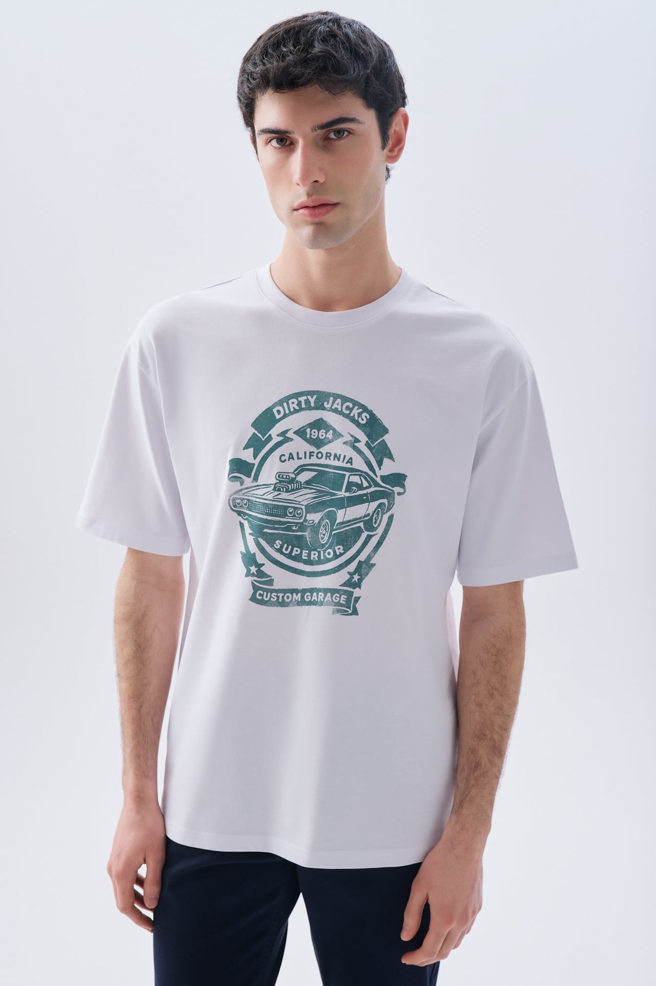 OVERSIZE BASKILI BİSİKLET YAKA T-SHIRT