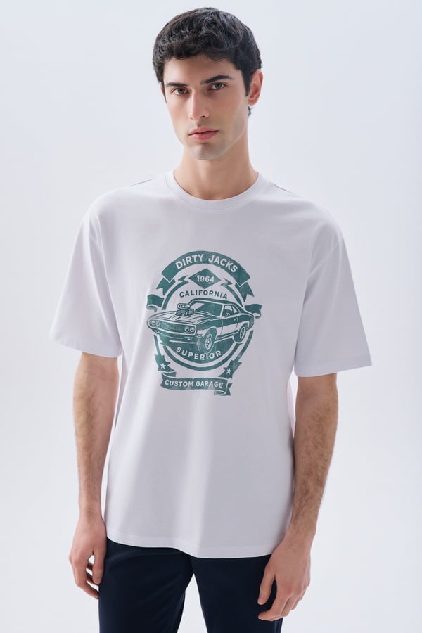 OVERSIZE BASKILI BİSİKLET YAKA T-SHIRT