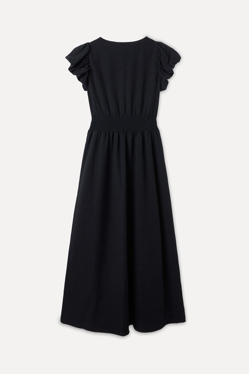  KISA KOLLU BEL DETAYLI DÜZ KESİM MİDİ ELBİSE