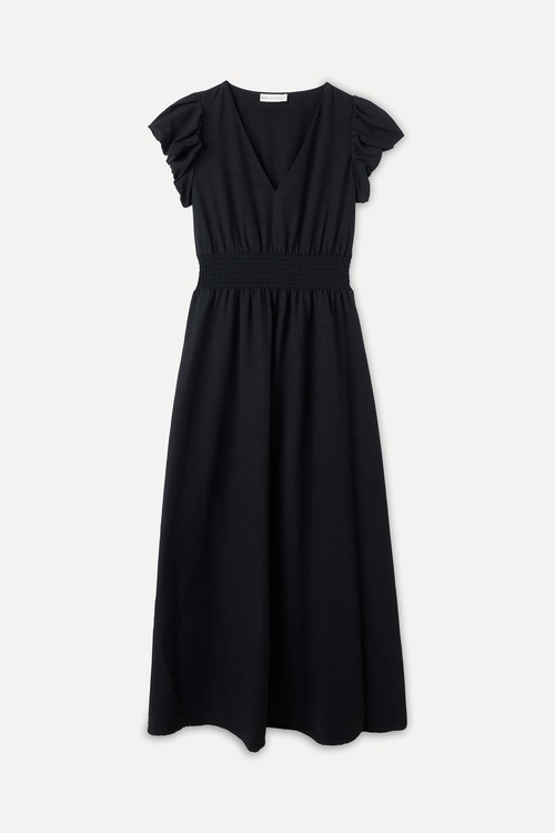  KISA KOLLU BEL DETAYLI DÜZ KESİM MİDİ ELBİSE