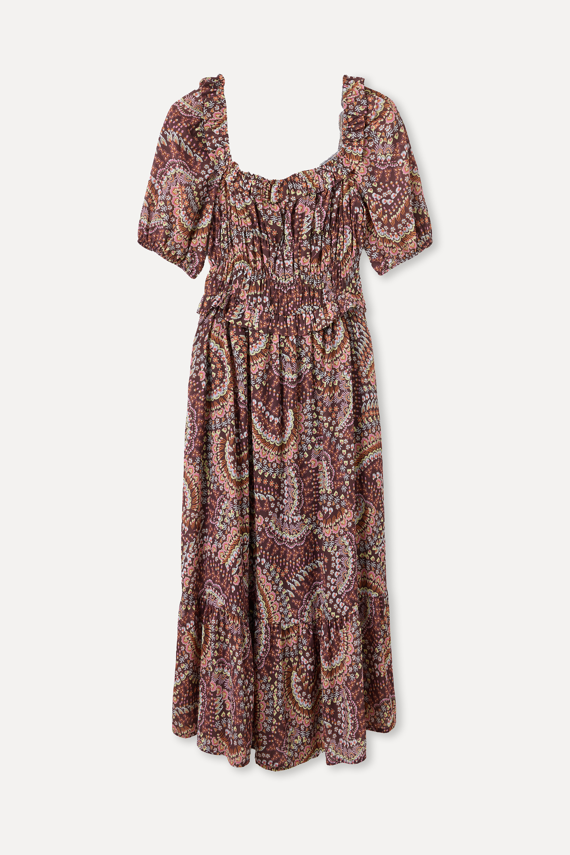 DESENLİ DÜŞÜK OMUZLU FIRFIRLI MİDİ ELBİSE