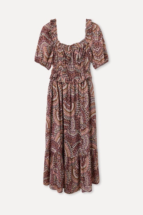  DESENLİ DÜŞÜK OMUZLU FIRFIRLI MİDİ ELBİSE