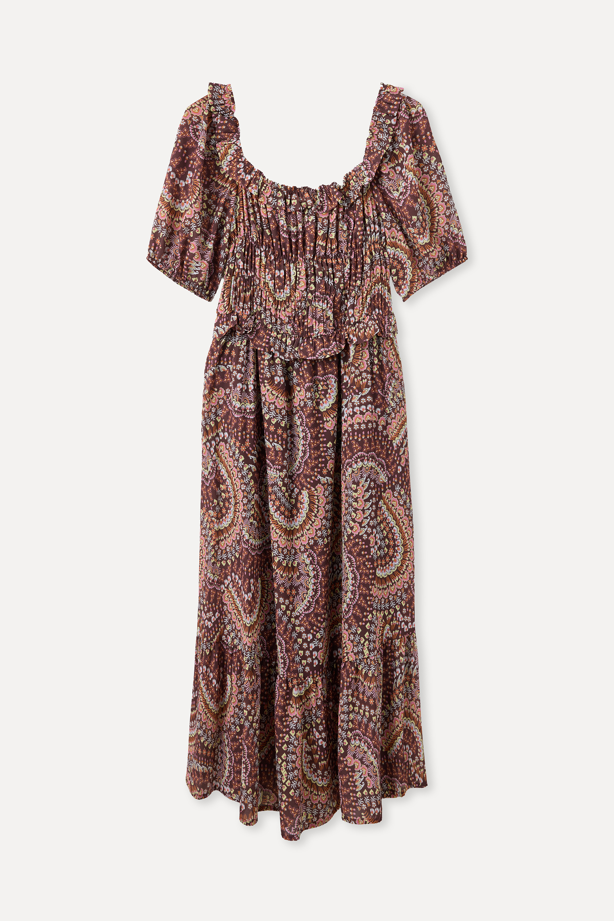 DESENLİ DÜŞÜK OMUZLU FIRFIRLI MİDİ ELBİSE