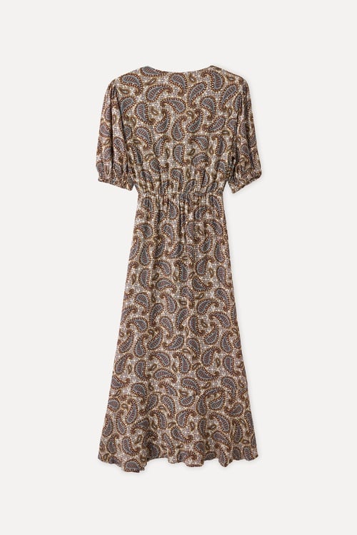 BASKILI V YAKA A FORM MİDİ ELBİSE