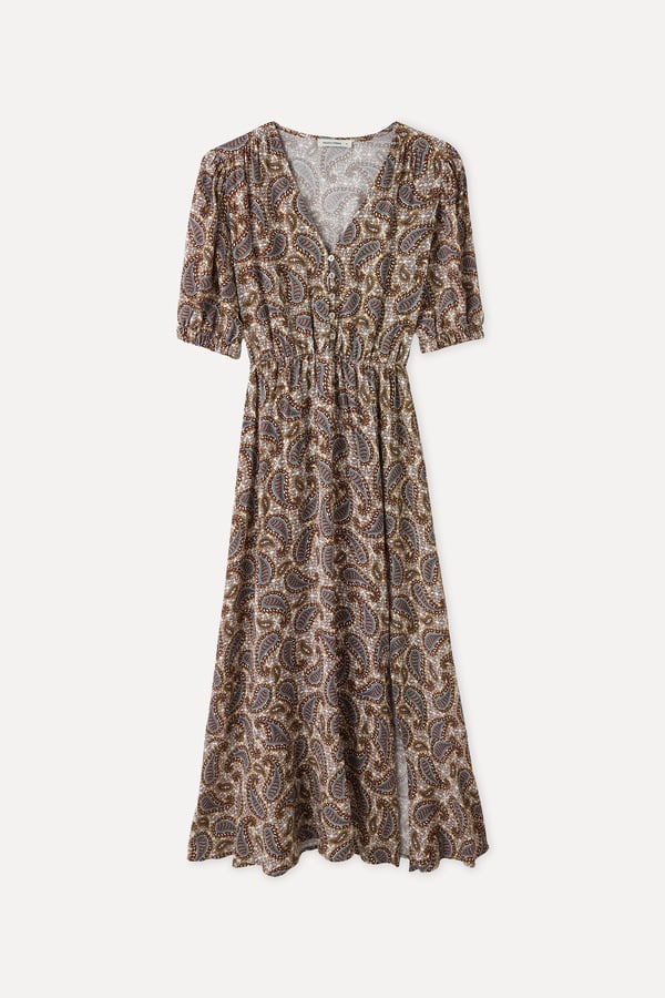 BASKILI V YAKA A FORM MİDİ ELBİSE