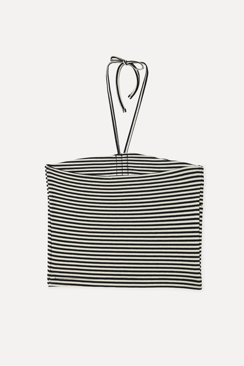 ÇİZGİLİ FITTED BOYUNDAN BAĞLAMALI KOLSUZ T-SHIRT