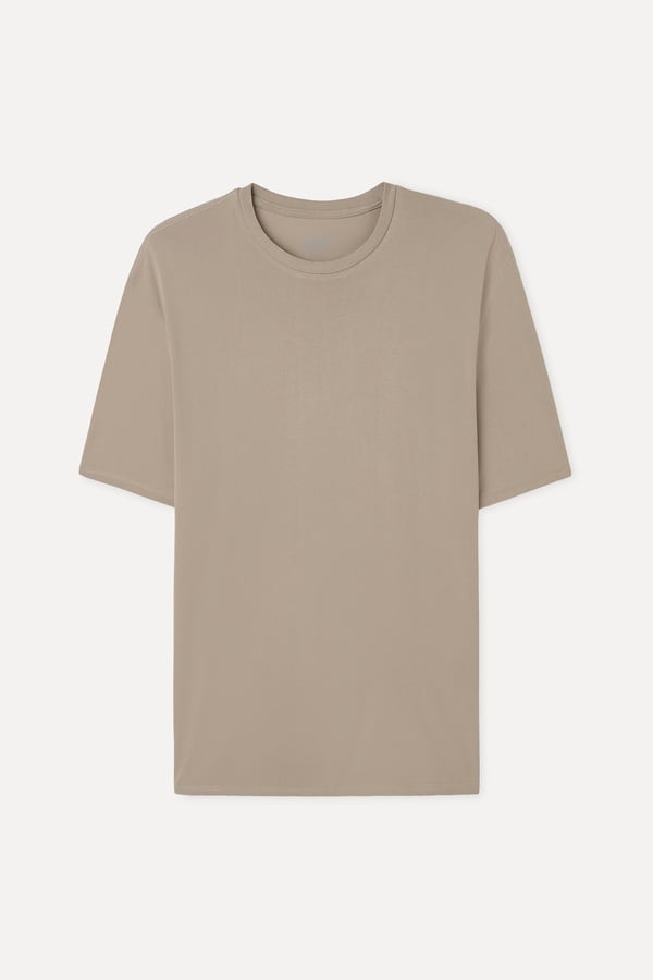 Erkek Bej Rengi Modal Karışımlı Loose Fit Bisiklet Yaka T-Shirt