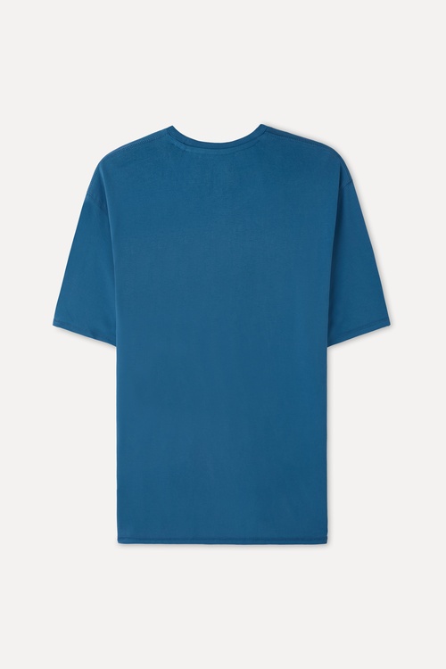 Erkek Mavi Modal Karışımlı Loose Fit Bisiklet Yaka T-Shirt