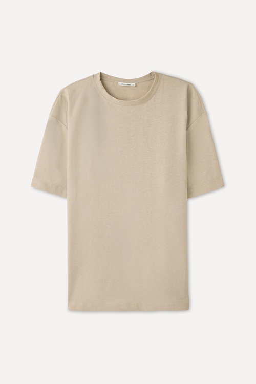 Erkek Bej Rengi Comfort Fit Bisiklet Yaka T-Shirt