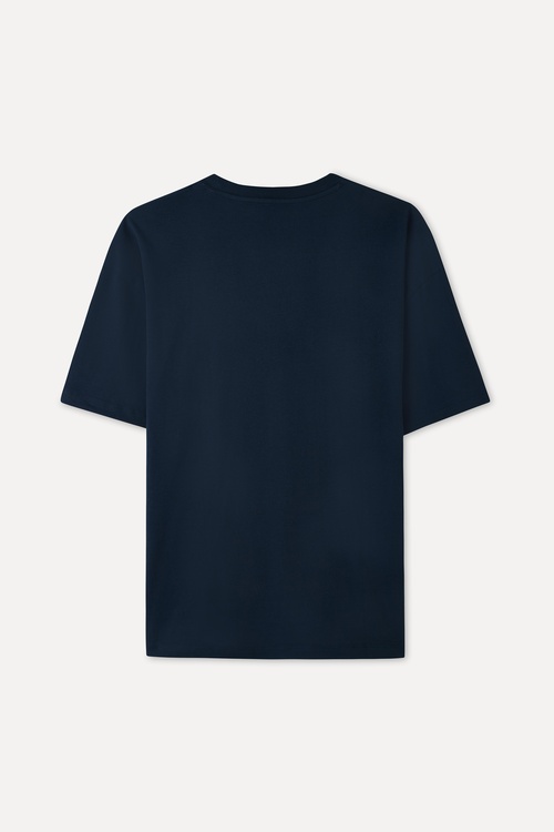  Erkek Lacivert Nakışlı Oversize Bisiklet Yaka T-Shirt