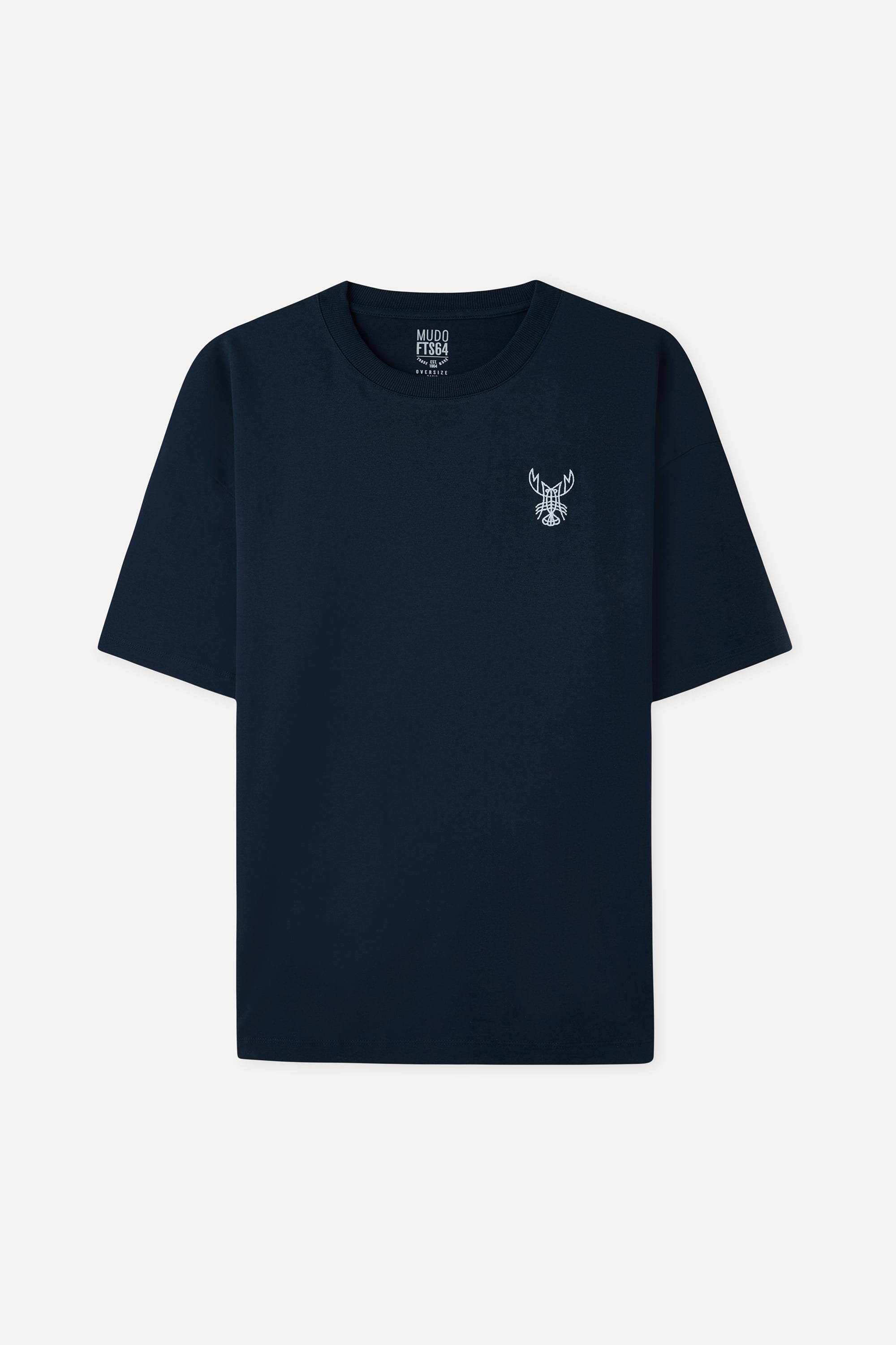 Erkek Lacivert Nakışlı Oversize Bisiklet Yaka T-Shirt