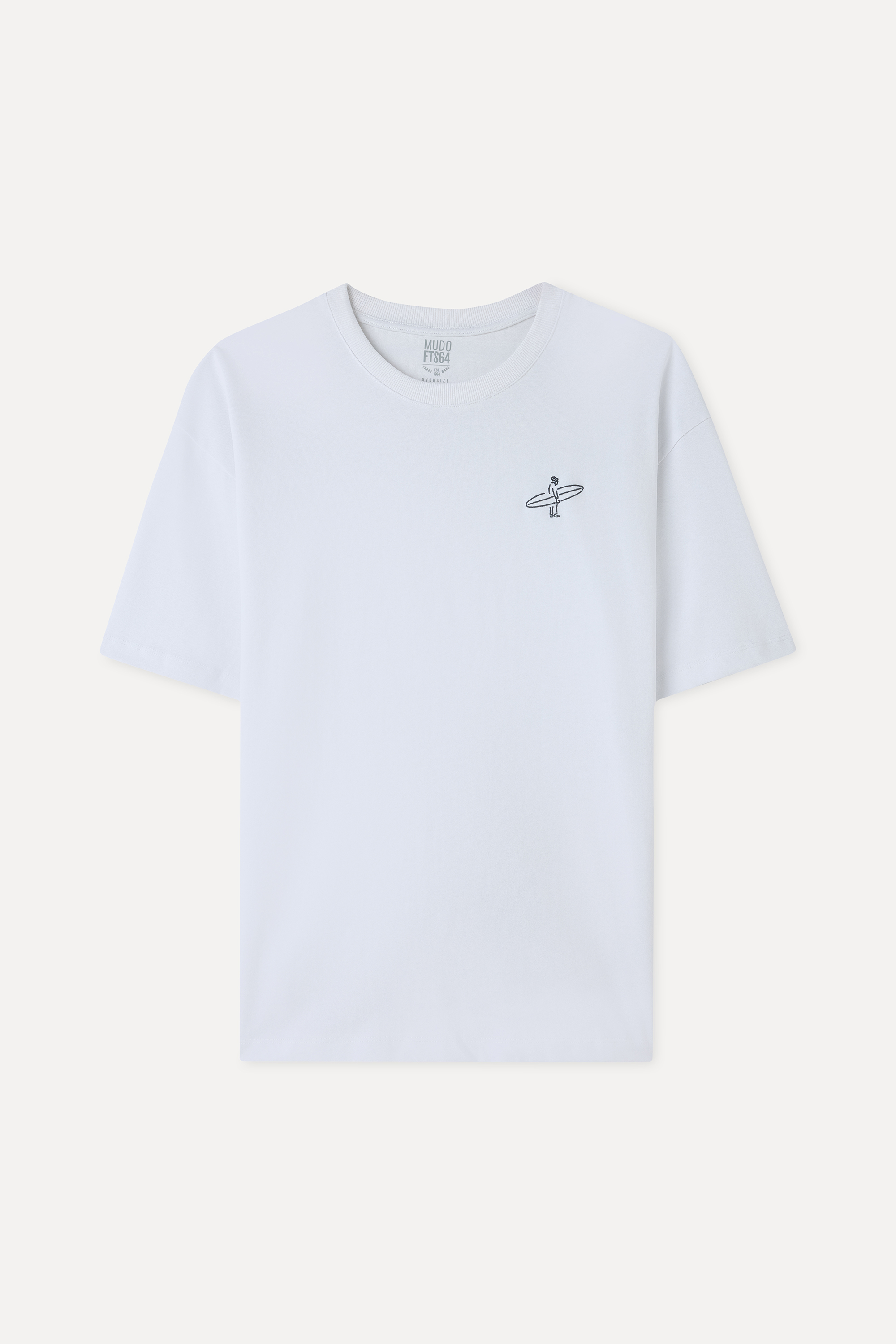 Erkek Beyaz Nakışlı Oversize Bisiklet Yaka T-Shirt