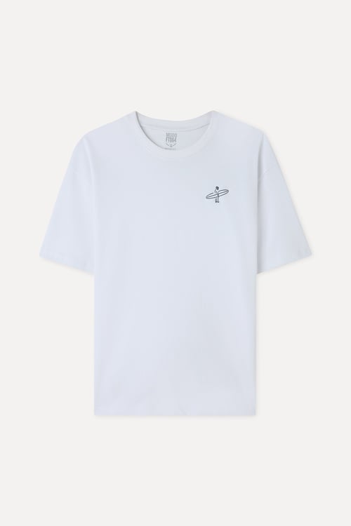 Erkek Beyaz Nakışlı Oversize Bisiklet Yaka T-Shirt