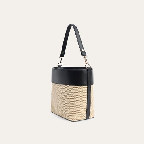 Kadın Siyah Hasır Görünümlü Bucket Omuz Çantası