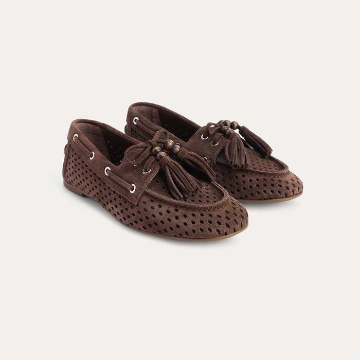 Kadın Kahverengi Delikli Süet Deri Tekne Ayakkabısı