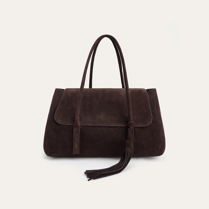 PÜSKÜLLÜ KAPAKLI SÜET DERİ EL ÇANTASI