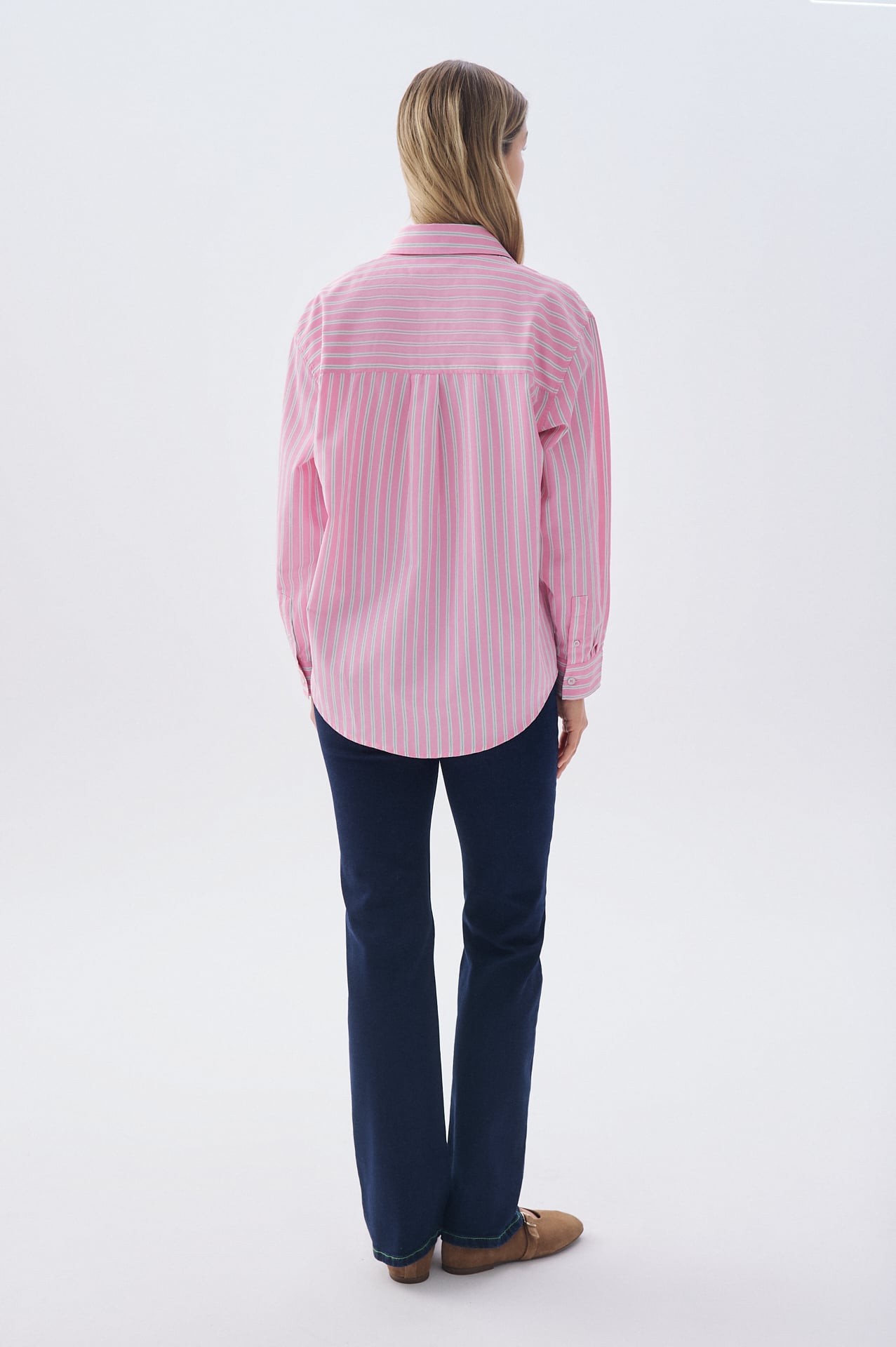 Kadın Pembe Çizgili Oversize Tek Cepli Uzun Kollu Gömlek