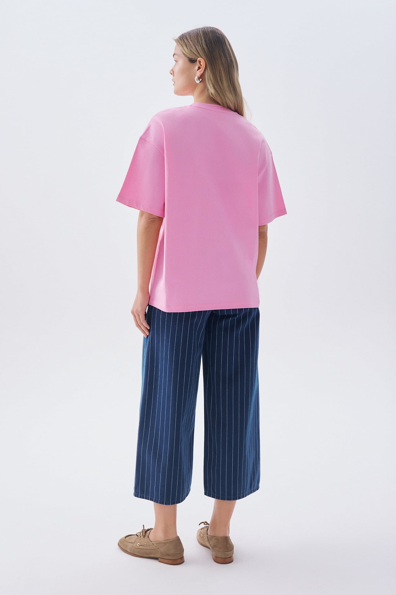 Kadın Pembe Düşük Kollu Oversize Bisiklet Yaka T-Shirt