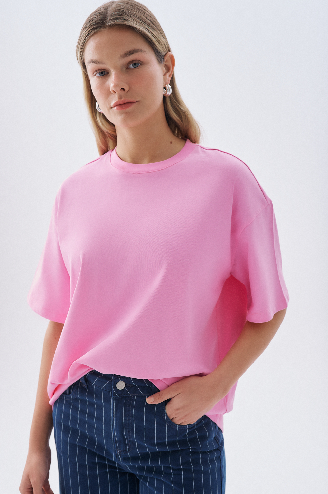 Kadın Pembe Düşük Kollu Oversize Bisiklet Yaka T-Shirt