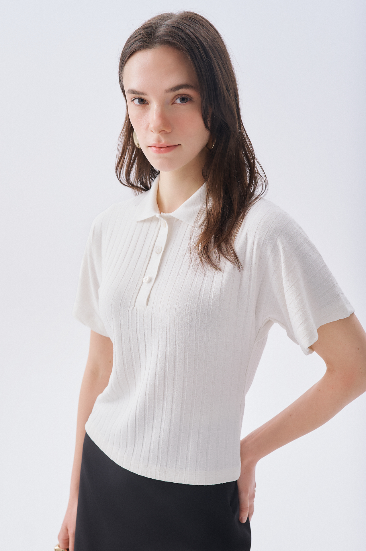 FITTED ÇİZGİLİ POLO YAKA KISA KOLLU KAZAK