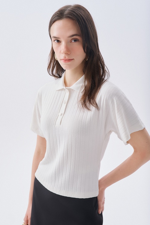 FITTED ÇİZGİLİ POLO YAKA KISA KOLLU KAZAK