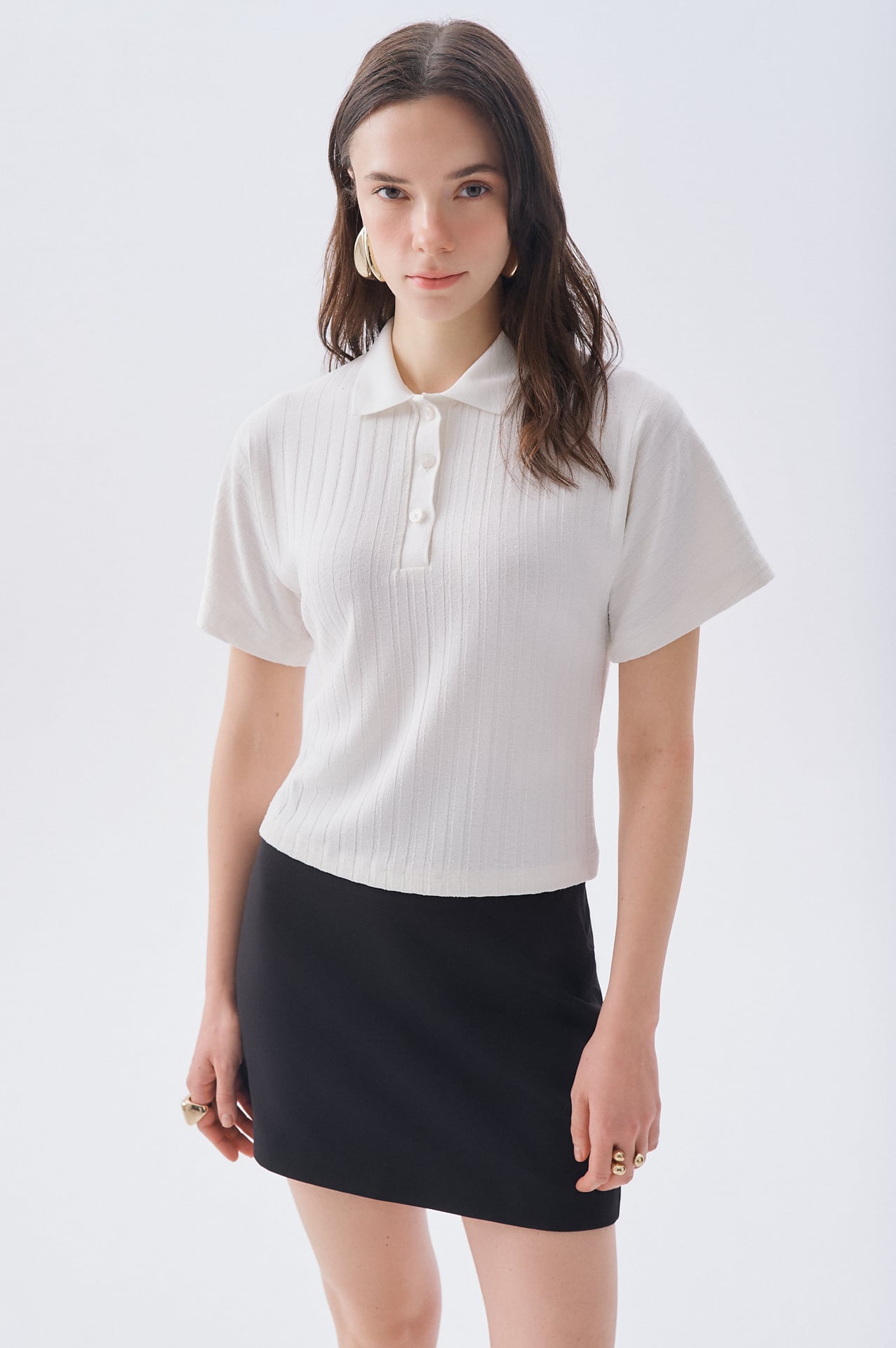 FITTED ÇİZGİLİ POLO YAKA KISA KOLLU KAZAK