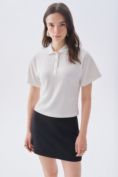 Mudo Kadın Kırık Beyaz Fitted Çizgili Polo Yaka Kısa Kollu Kazak