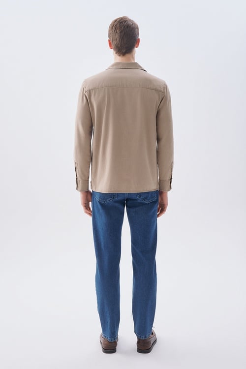 Erkek Vizon Rengi Regular Fit Resort Yaka Uzun Kollu Gömlek