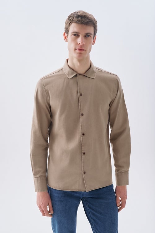 Erkek Vizon Rengi Regular Fit Resort Yaka Uzun Kollu Gömlek