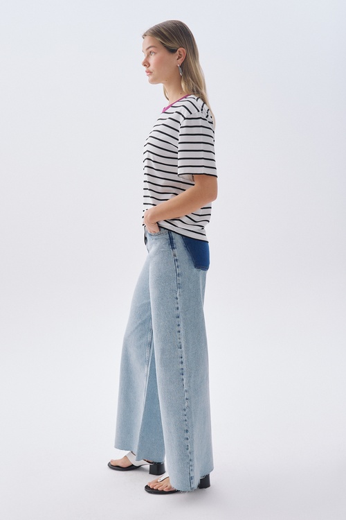 ÇİZGİLİ OVERSIZE BİSİKLET YAKA T-SHIRT