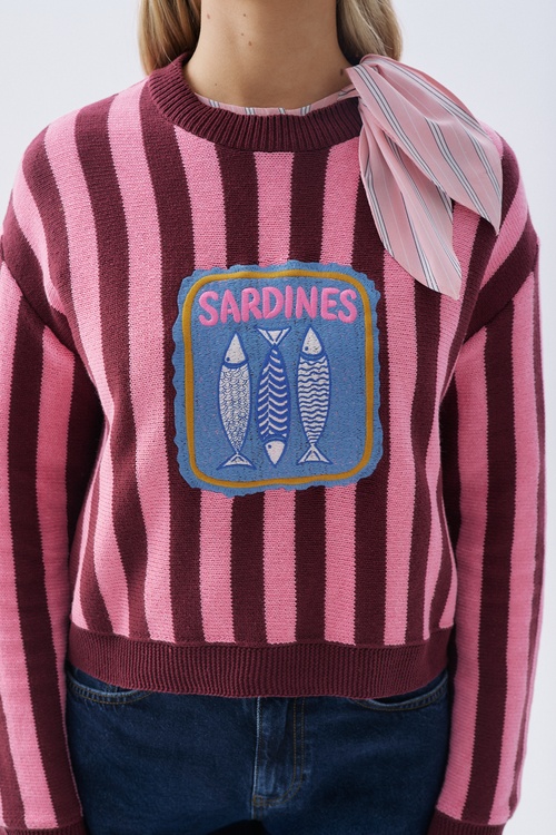 ÇİZGİLİ NAKIŞLI LOOSE FIT BİSİKLET YAKA KAZAK