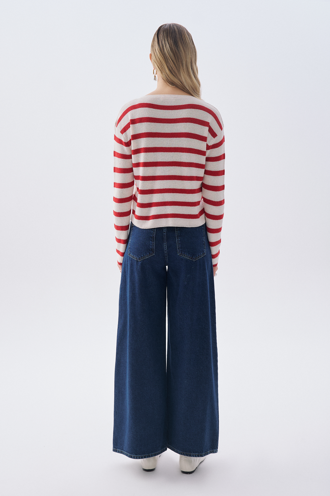 Kadın Kırmızı Çizgili Açık Yaka Hırka