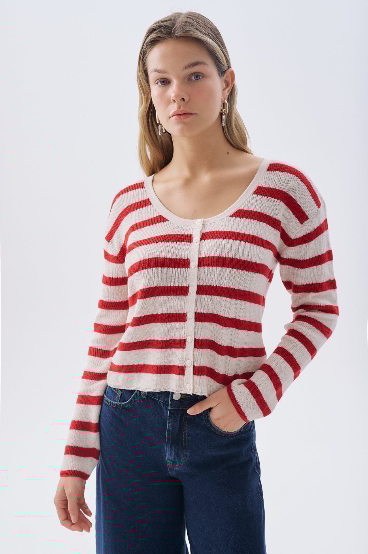 Kadın Kırmızı Çizgili Açık Yaka Hırka