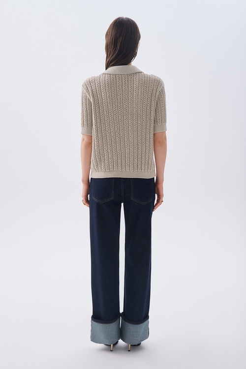 OVERSIZE POLO YAKA KETEN KARIŞIMLI KISA KOLLU KAZAK