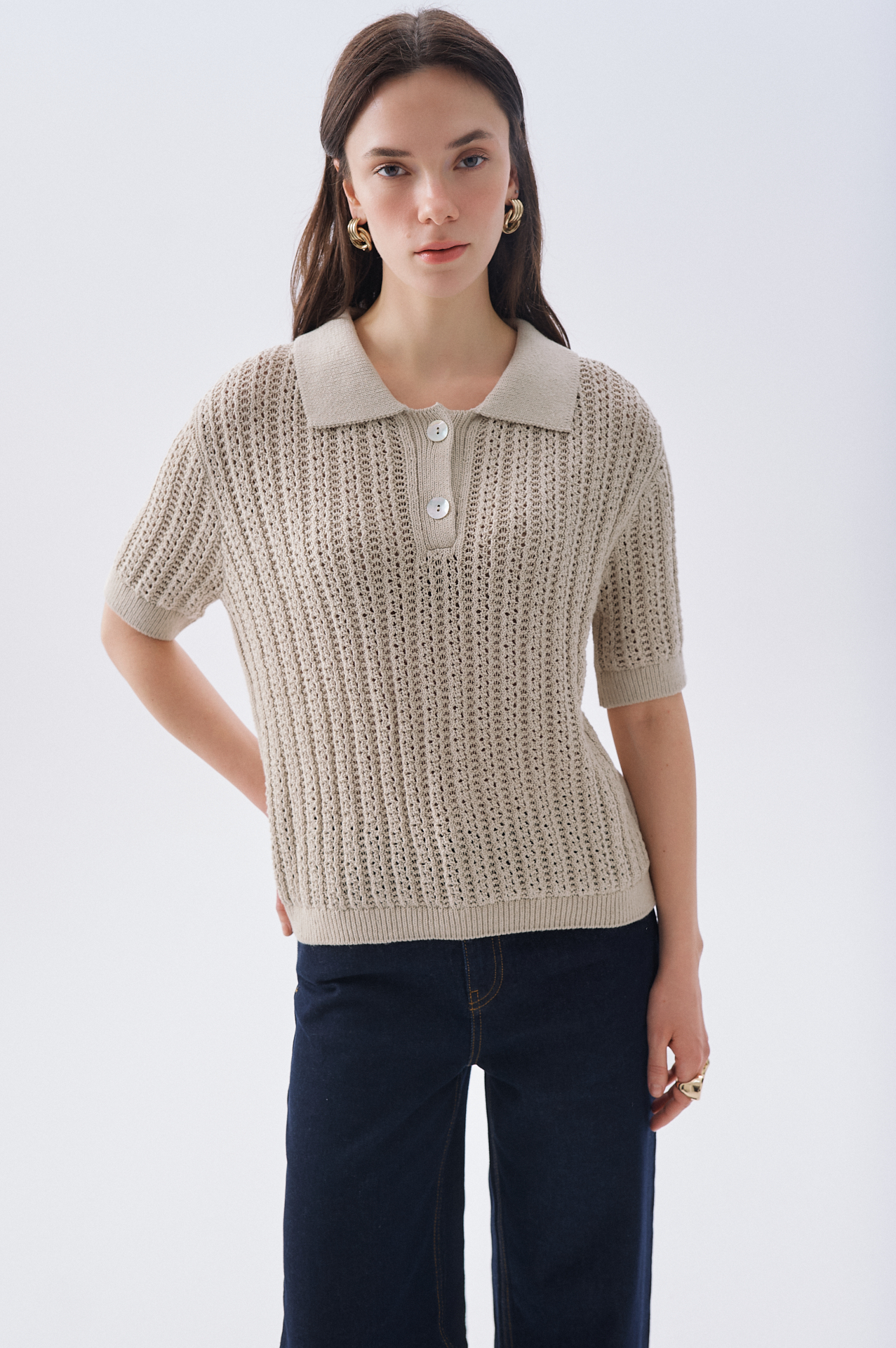 OVERSIZE POLO YAKA KETEN KARIŞIMLI KISA KOLLU KAZAK