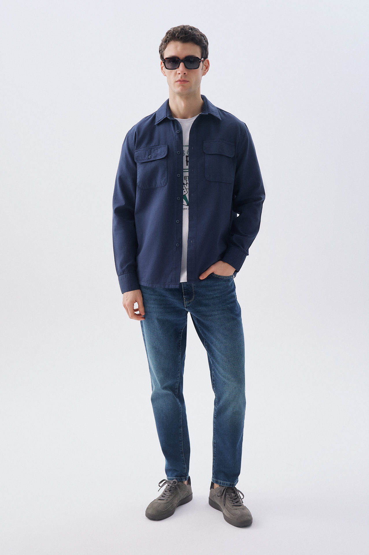 Erkek Lacivert Regular Fit Çift Cepli Uzun Kollu Gömlek