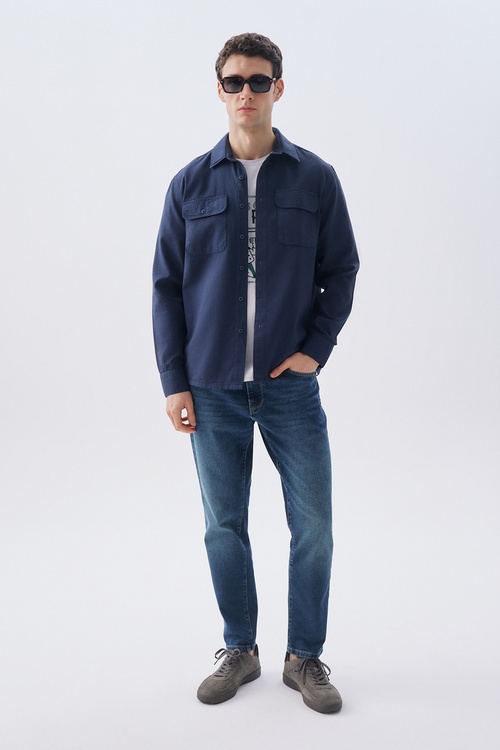 Erkek Lacivert Regular Fit Çift Cepli Uzun Kollu Gömlek