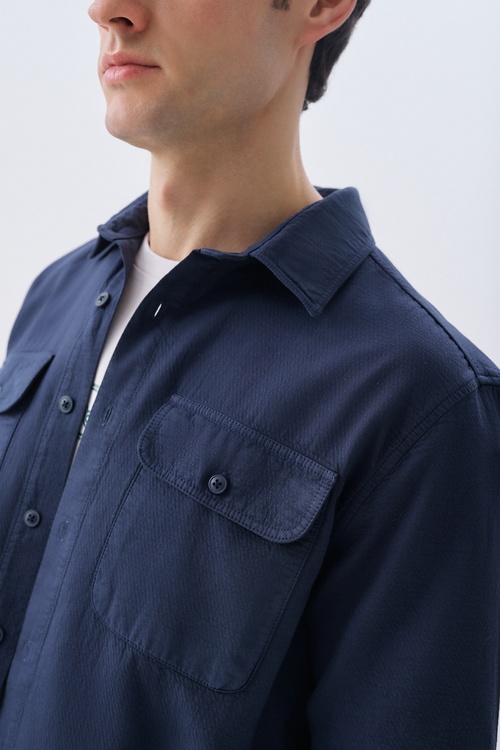 Erkek Lacivert Regular Fit Çift Cepli Uzun Kollu Gömlek