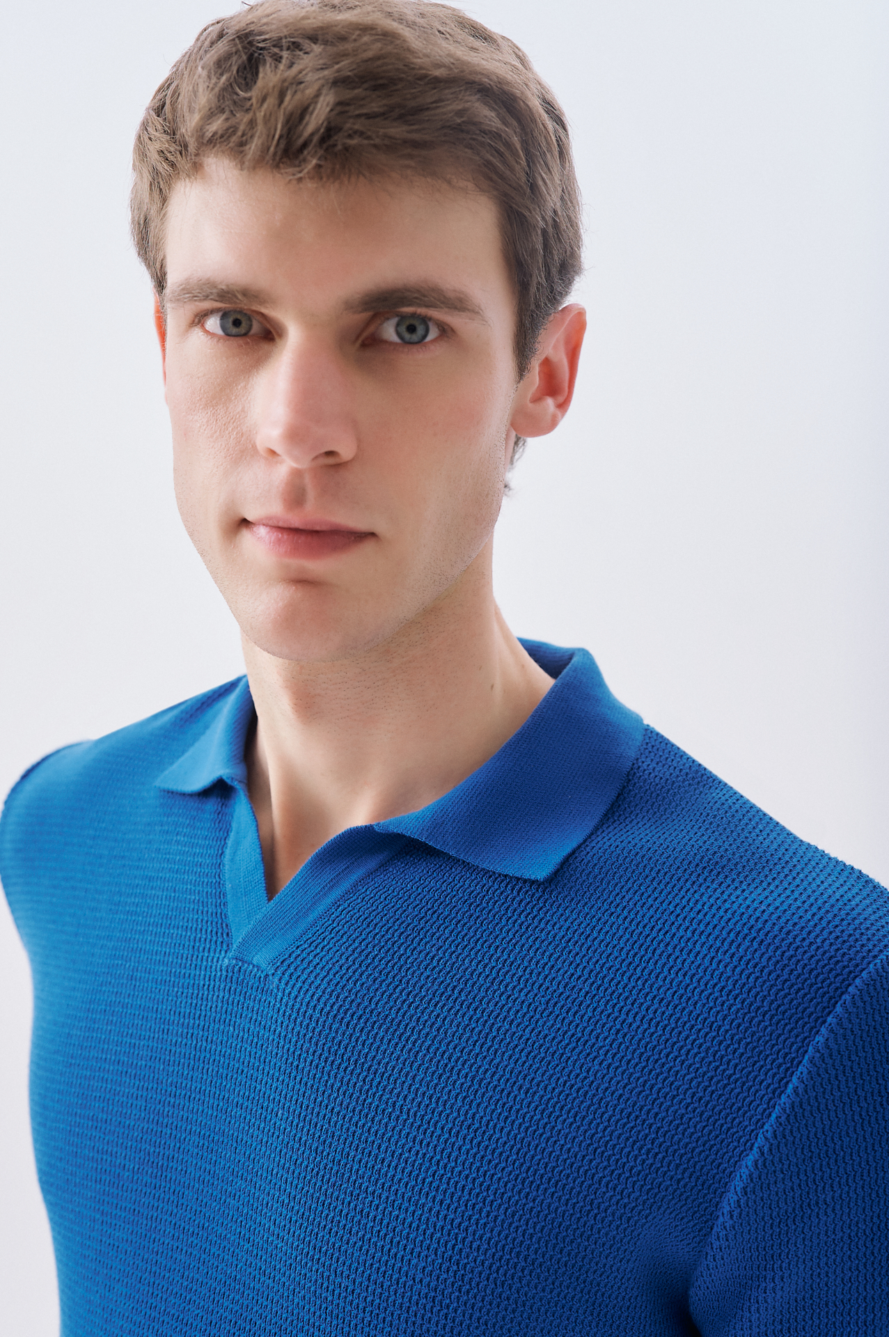 Erkek Saks Tekstürlü Polo Yaka Kısa Kollu Triko Kazak