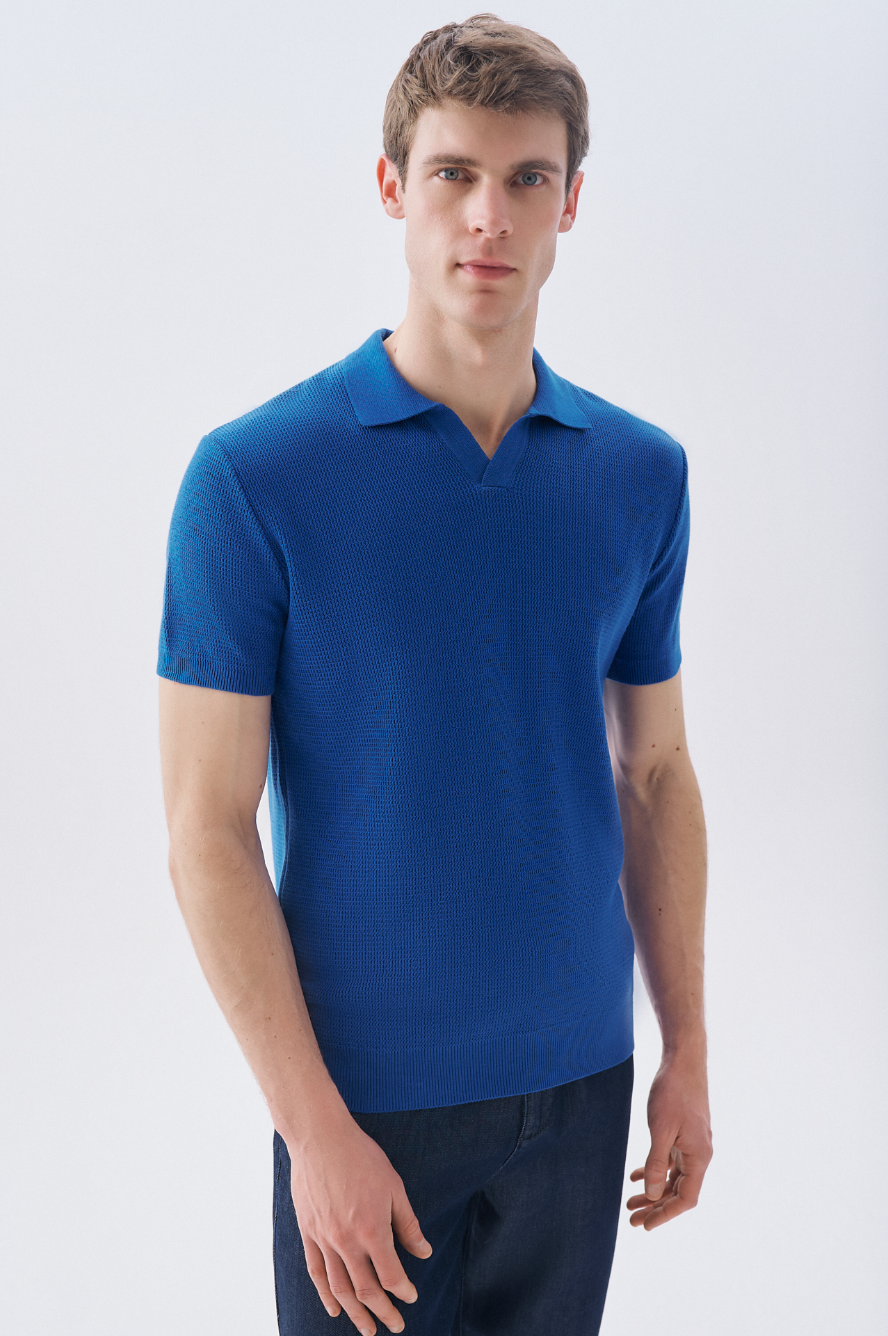 Erkek Saks Tekstürlü Polo Yaka Kısa Kollu Triko Kazak